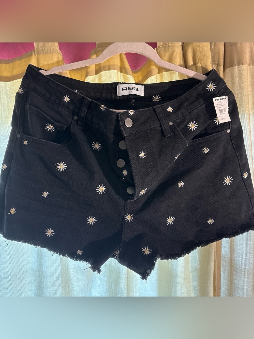 Tilly’s RSQ Black Daisy Embroidered High-Rise Denim Shorts